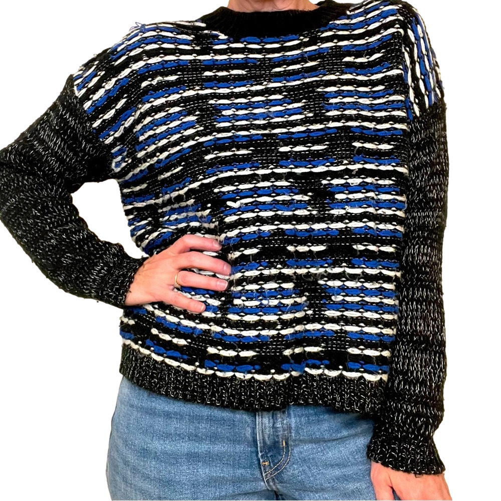 SILVIAN HEACH Crewneck Sweater Boxy Oversized Knit Woven Bouclé Black White Blue